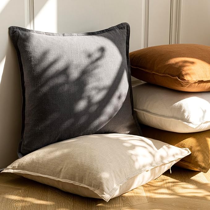 Foindtower Pack of 2, Decorative Linen Solid Throw Pillow Covers Soft Accent Square Cushion Case Boho Farmhouse Pillowcase for Chair Couch Sofa Bedroom Living Room Home Decor 24 x 24 Inch Grey