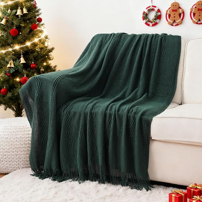 BATTILO HOME Christmas Décor Green Throw Blanket for Couch, 50"x60" | Boho Knit Bed Throws, Dark Green Throw Blanket for Home Decor