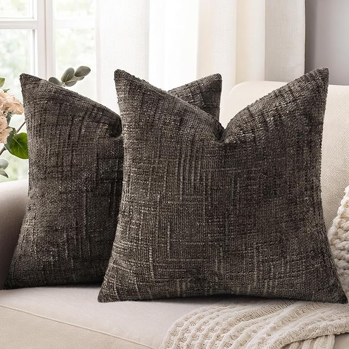 decorUhome Textured Chenille Throw Pillow Covers 18x18 Set of 2 Dark Brown | Fall Modern Farmhouse Soft Cozy Slubby Couch Pillow Cases Boho Decorative Pillow Cases for Bed Sofa Living Room Home Decor