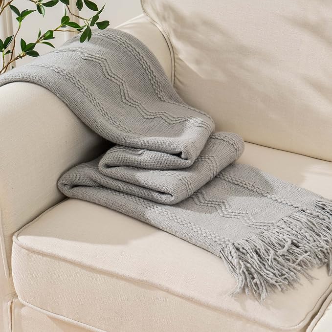 BATTILO HOME Light Grey Throw Blanket for Couch, Geometric Grey Bed Throws Decorative Boho Blanket for Sofa Living Room, 50"x60"