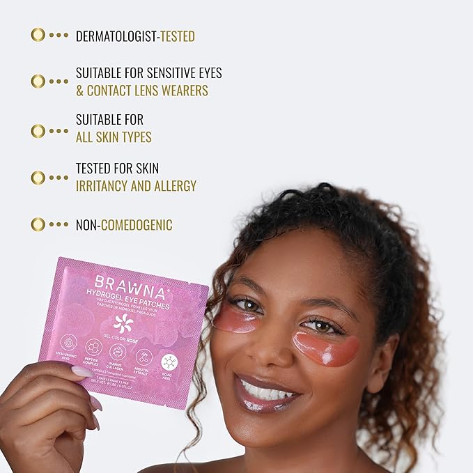 BRAWNA Under Eye Patches – Hydrogel Masks with Collagen, Peptides & Kojic Acid – For Puffy Eyes, Fine Lines, Dark Circles & Brightening – Rose – 24 Pairs