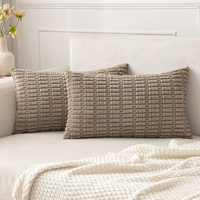MIULEE Lumbar Corduroy Decorative Throw Pillow Covers 22x14 Light Brown | Pack of 2 Soft Boho Striped Pillow Covers Modern Farmhouse Fall Home Decor For Sofa Living Room Couch Bed