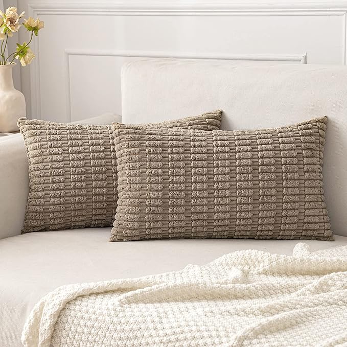 MIULEE Lumbar Corduroy Decorative Throw Pillow Covers 24x12 Light Brown | Pack of 2 Soft Boho Striped Pillow Covers Modern Farmhouse Fall Home Decor For Sofa Living Room Couch Bed