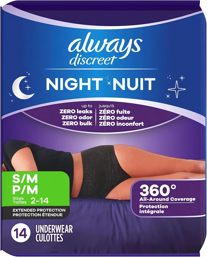 Always Discreet Adult Incontinence Overnight Underwear for Women, Small/Medium, Up to 100% Bladder Leak Protection, 14 Count