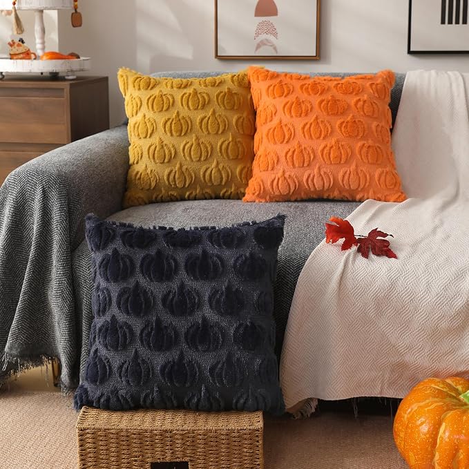 DFXSZ Fall Pillow Covers 16x16 2Pcs Orange Pumpkin Fall Decoration for Home | Fall decor Set of 2 Throw Pillow Cases Soft Plush Faux Fur Wool Couch Cushion for Chair Sofa Bedroom Living Room Home Decor