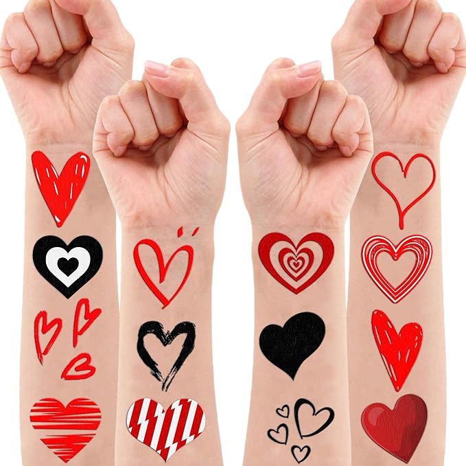 96PCS Red Heart Pre Cut Temporary Tattoos Themed Birthday Party Decorations Supplies Favors Decor Valentine Love Tattoo Stickers Gifts For Game Boys Girls Classroom School Prizes Couple Anniversary