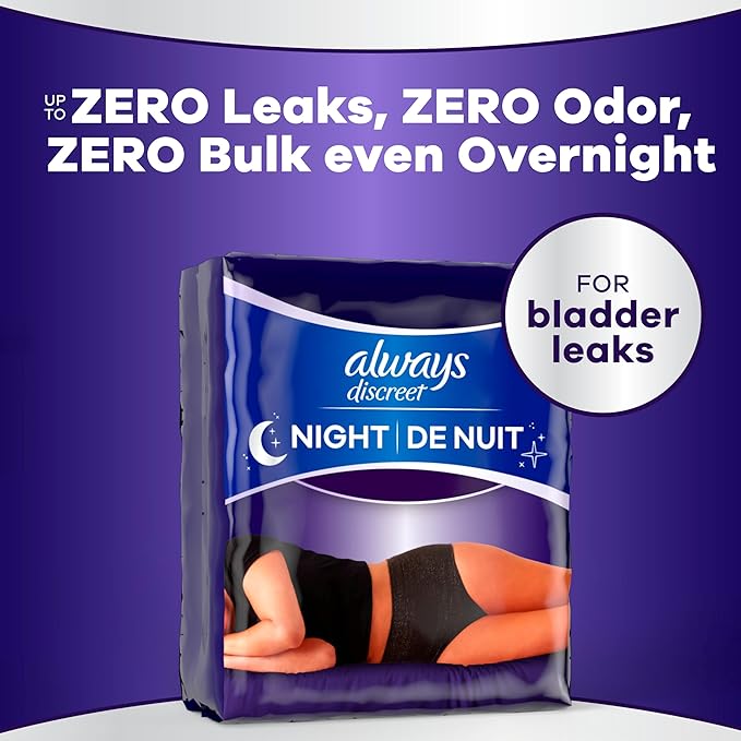 Always Discreet Night, Reimagined Adult Diapers for Women, Extended Overnight Absorbency Incontinence and Postpartum Underwear Size XL/XXL, 360 Degree Coverage While Laying Down, 48 Count