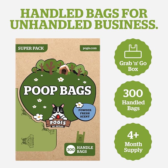 Pogi’s Dog Poop Bags with Handles – Extra-Thick, Leak-Proof, Large, Fresh Scent, 300-Count (Pack of 2)