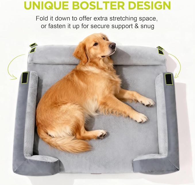 Waterproof Orthopedic Dog Bed for Medium Large Sized Dogs | Memory Foam Pet Bed Sofa with Bolster, Dog Couch with Washable Cover & Non-Slip Bottom, 36x27 Inch, Light Grey