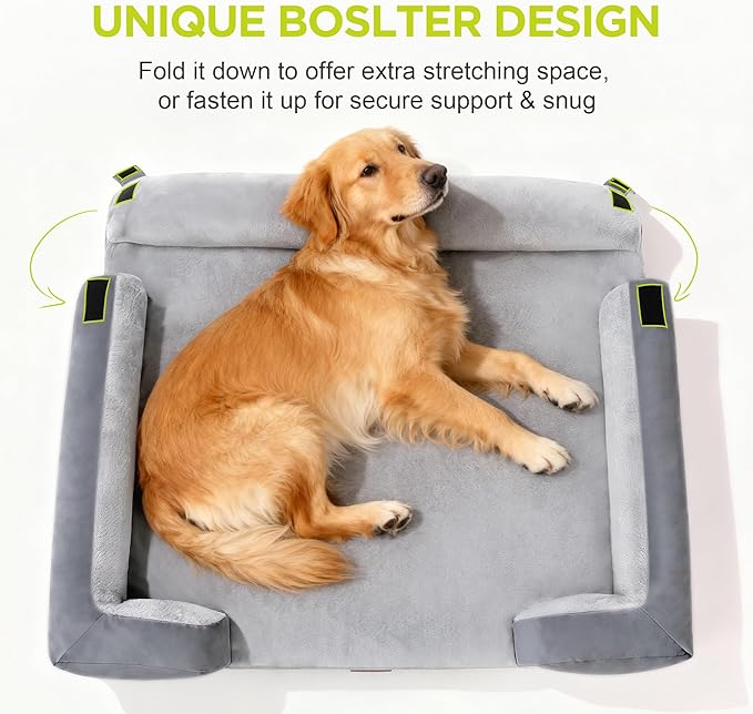 Waterproof Orthopedic Dog Bed for Extra Large Sized Dogs | Memory Foam Pet Bed Sofa with Bolster, Dog Couch with Washable Cover & Non-Slip Bottom, 45x35 Inch, Grey