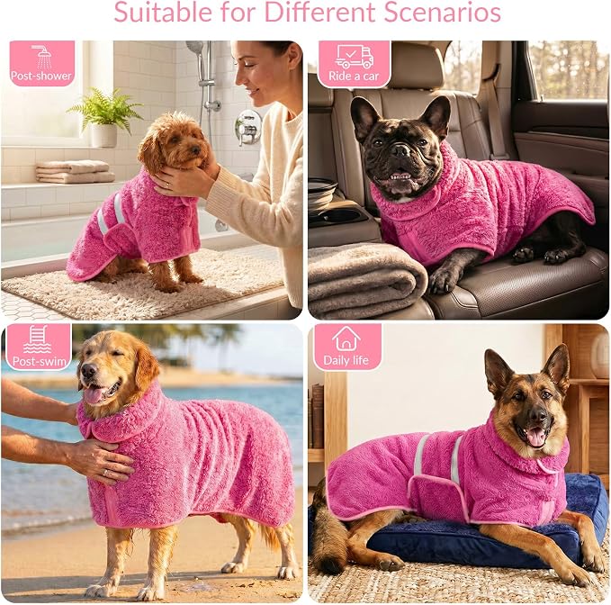 Dog Bathrobe, Super Absorbent for Small to Large Dogs, Rose Pink S | Dog Robes with Soft Fleece, Warm & Cozy, Adjustable Fit, and Quick Drying Coat for Baths Swimming and Grooming