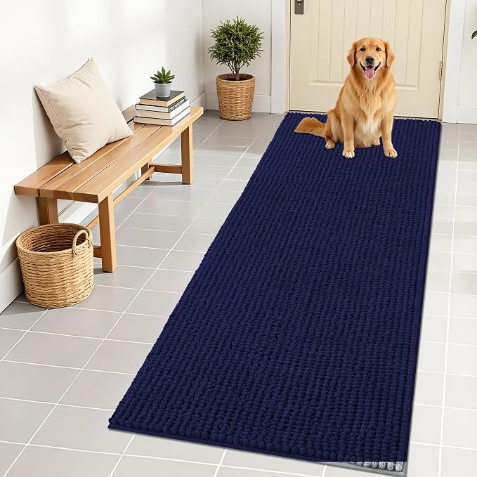 OLANLY Dog Door Mat for Muddy Paws 70x24, Extra Absorbent Chenille Mud Mat | Navy Blue, Absorbs Moisture and Dirt, Non-Slip Machine Washable Doormat, Quick-Drying Indoor Entryway Floor Mat for Dogs