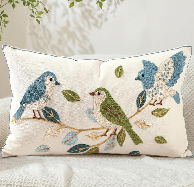 Animal Embroidered Lumbar Pillow Cover 20x12 Inch, Floral Birds | Decorative Throw Pillow Cover, Cottagecore Cushion Cases with Hidden Zipper, Farmhouse Decor for Couch, Sofa, Bedroom