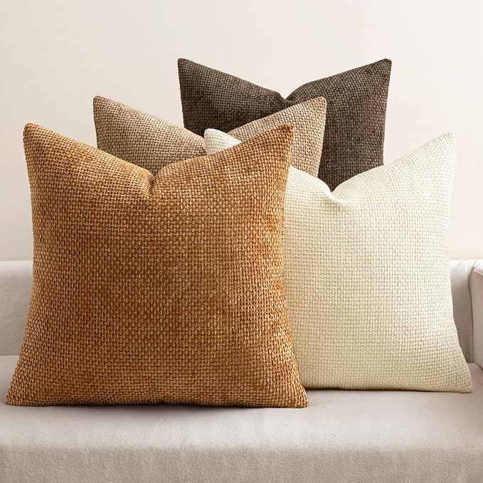 MIULEE Decorative Chenille Fall Euro Pillow Covers Brown 24x24 Pack of 4 | Rustic Home Decor, Layered Brown Collection, Couch Throw Pillows, Farmhouse Boho Cushion Covers for Sofa Bed Living Room