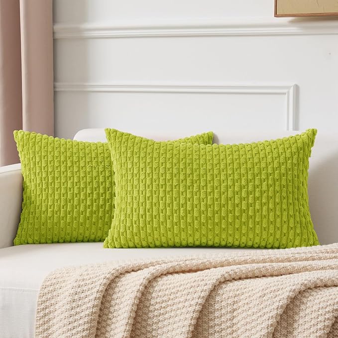 Kevin Textile Soft Corduroy 14"x24" Lumbar Pillow Cover 1 Pack, Xmas Green | Boho Stripe Plush Corduroy Decorative Oblong Cushion Cover Modern Farmhouse Home Decor for Sofa Couch Bed Chair