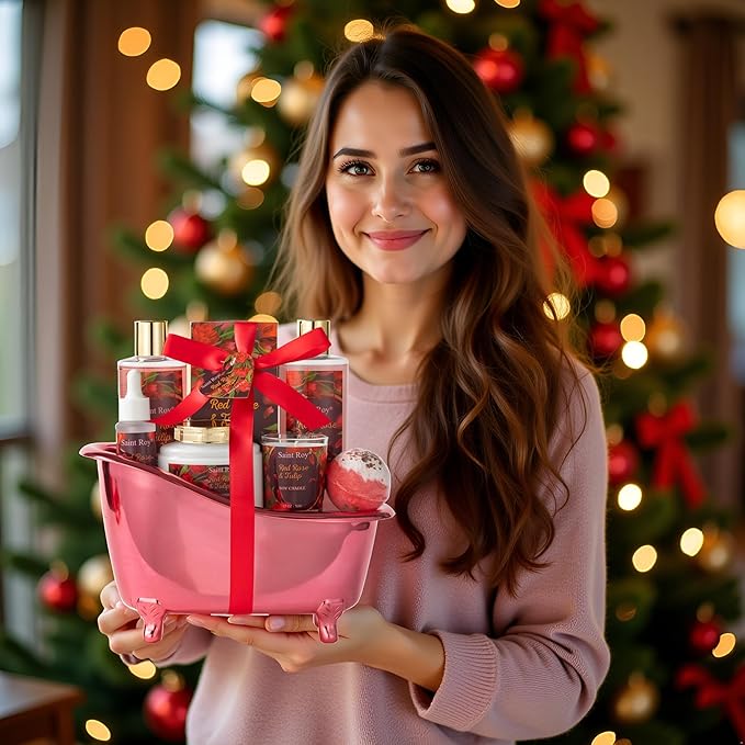 Mother's Day Gifts for Women, spa kit Gifts for Her Mother's Day Bath Spa Gift Set Red Rose & Tulip Spa Basket Kits for Women, Contains Body Oil, Body Lotion, Salt, Self care baskets Mother Gift