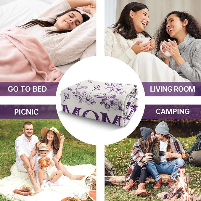 Gifts for Mom, Mom Birthday Gifts from Daughter Son, To My Mom Blanket | I Love You Mom Gifts for Birthday, Christmas, Mothers Day, Blanket for Mom with Hibiscus Flowers Print, 60" x 50", Purple