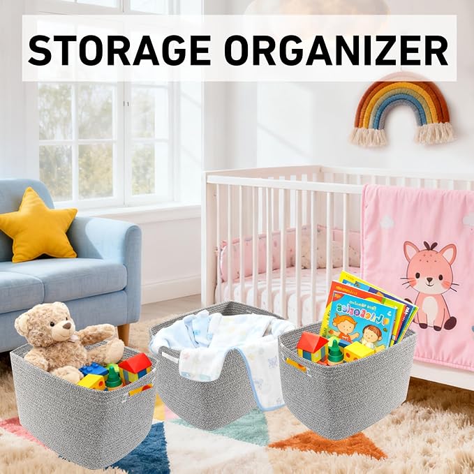 3 Pack Woven Baskets,Storage Baskets for Shelves with Handles | 13.5"×11"×9.5", Closet Baskets, Nursery Organizer for Toys Towels Books, Storage Bin for Living Room Bedroom (Mixed Grey)