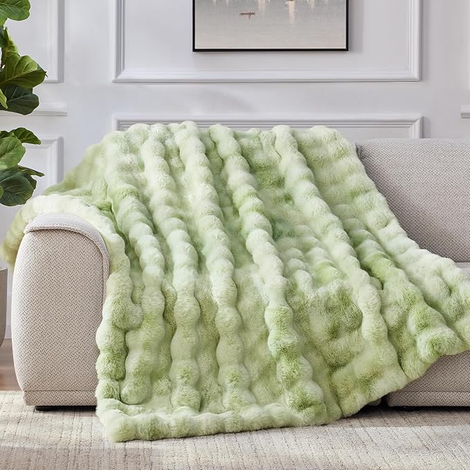 Anysay Faux Fur Throw Blanket, 1000GSM Fluffy Soft Bubble Blanket 60''*80'' | Cozy Plush Warm and Thick Blanket for Couch Bed, Fuzzy Rabbit Throw for Living Room Bedroom Tie-dye Green