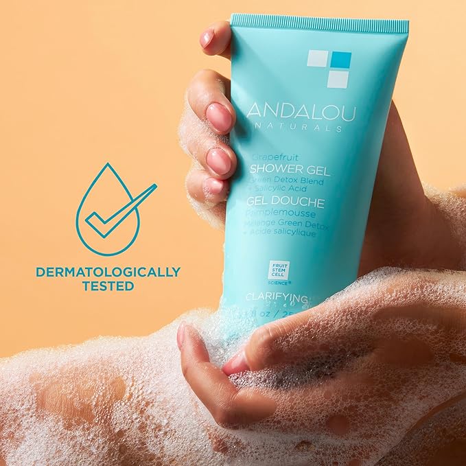 Andalou Naturals Body Wash, Clarifying Grapefruit Shower Gel, Gentle Exfoliating Salicylic Acid Body Wash with Tea Tree & Witch Hazel, Targets Back Acne, Blemishes & Excess Oil, 8.5 fl oz