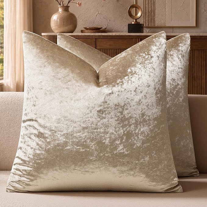 GIGIZAZA Crushed Beige Velvet Throw Pillow Covers 20x20 Pack of 2 | Decorative Pillows for Couch Sofa,280gsm Soft Textured Fabric,Modern Square Pillowcases,Luxury Cushion Covers