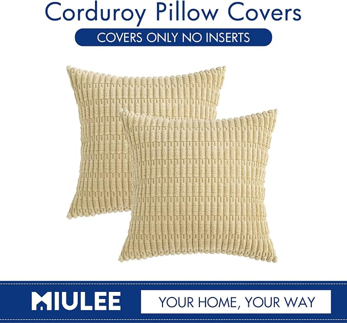 MIULEE Euro Sham Corduroy Decorative Throw Pillow Covers 24x24 Beige | Pack of 2 Soft Boho Striped Pillow Covers Modern Farmhouse Home Decor For Sofa Living Room Couch Bed