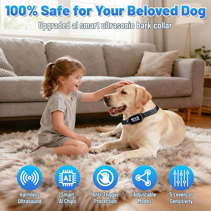 Smart Dog Bark Collar for Small Medium Large Dogs, Rechargeable Ultra-Light Anti Barking Collar with 5 Adjustable Sensitivity,Bark Stop Device,Beep Vibration Modes,IP67 Waterproof