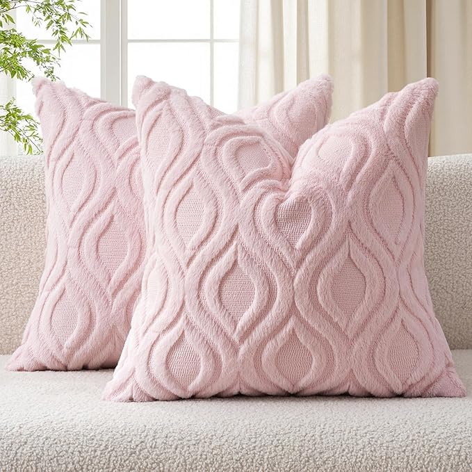 MIULEE Light Pink Valentines Throw Pillow Covers 18x18 Inch, Soft Spring Plush Faux Wool Couch Pillow Covers Set of 2 Decorative Farmhouse Boho Throw Pillows for Sofa Living Room Bed | Set of 2, Farmhouse Boho Home Decor, Decorative Cushion Covers for ...