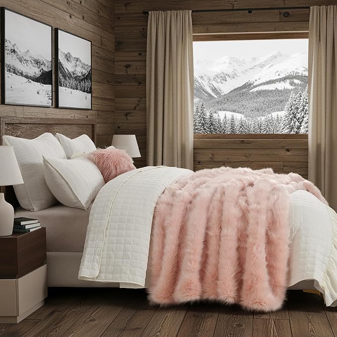 HORIMOTE HOME Pink Faux Fur Throw Blanket, Long Pile Light Pink Fur Blanket, Super Warm, Soft, Cozy, Fuzzy, Fluffy Throws for Couch Bed Sofa, Aesthetic Home Room Decor Throw, 60" x 80"