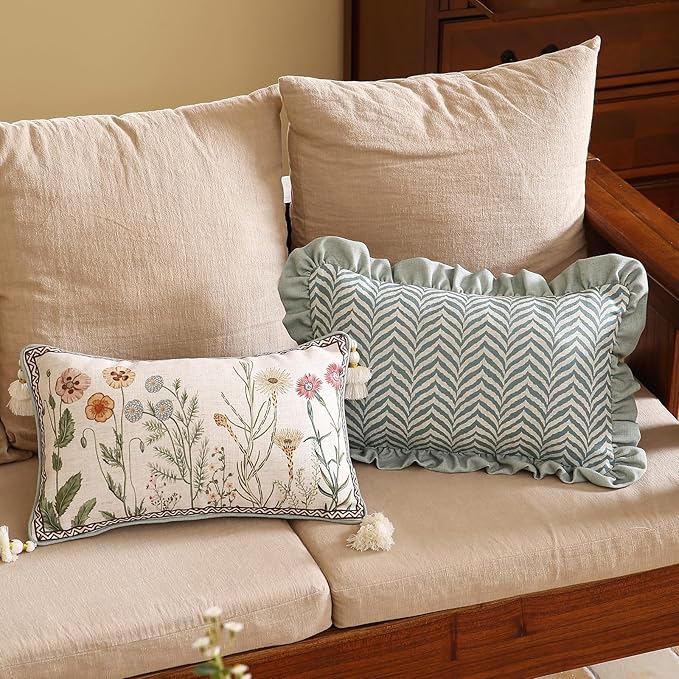 Vintage Elegant Linen Throw Pillow Cover,20"x12"-Serenity E | Designer French Rectangle Pillow Cover,Concealed Zipper Design,Floral Pattern,Sofa,Bedroom,Living Room,Lounge Chairs