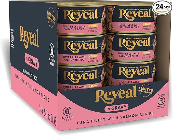 Reveal - Grain Free | Wet Canned Cat Food | 2.47oz - 24 Pack - Premium Nutrition, 100% Natural, No Additives, and Limited Ingredients (Tuna with Salmon in Gravy) | 100% Natural, High Quality Protein, Limited Ingredient, Grain Free, Complementary Food, ...
