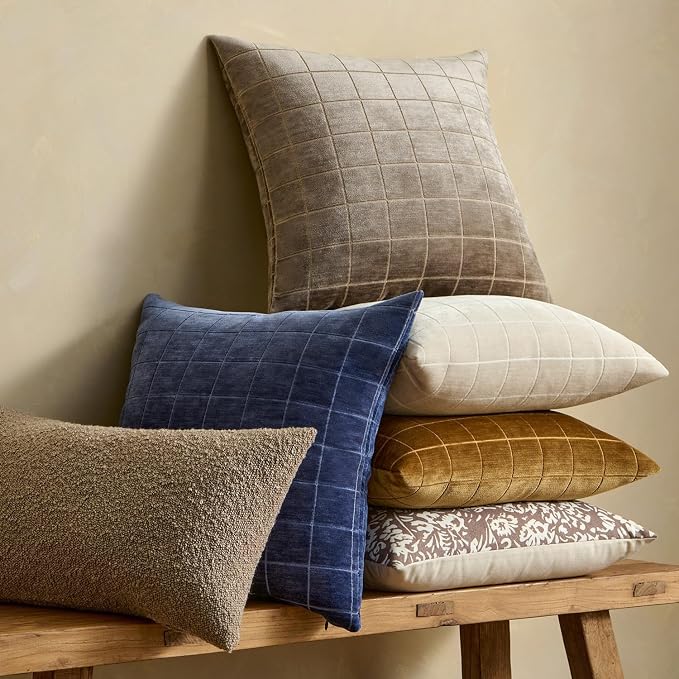 MIULEE Navy Blue Plaid Decorative Euro Throw Pillow Covers 24x24 Set of 2 | Vintage, Check Chenille Couch Pillows, Neutral Boho Farmhouse Cushion Covers, Modern Home Decor for Sofa Bed Living Room