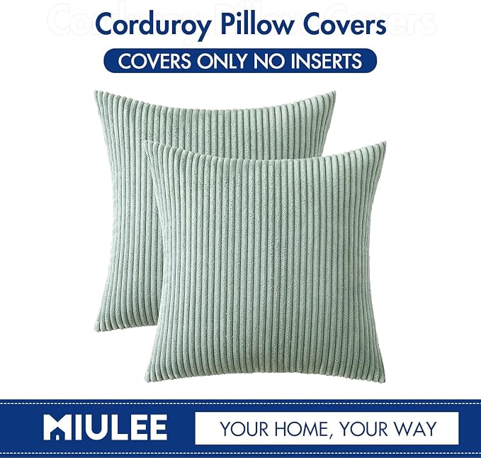 MIULEE Soft Corduroy Throw Pillow Covers Set of 2 18x18 Greyish Green | Decorative Striped Textured Cushion Cases, Boho Natural Greenery Pillowcases, Home Decor for Couch Chair Sofa Living Room