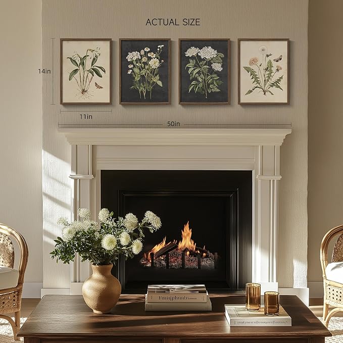Framed Vintage Botanical Floral Wall Art for Bedroom, 4 Piece 11x14 In | Farmhouse wall decor, Flower pictures, Rustic retro paintings, Ready to hang canvas prints, Kitchen bedroom living room decor