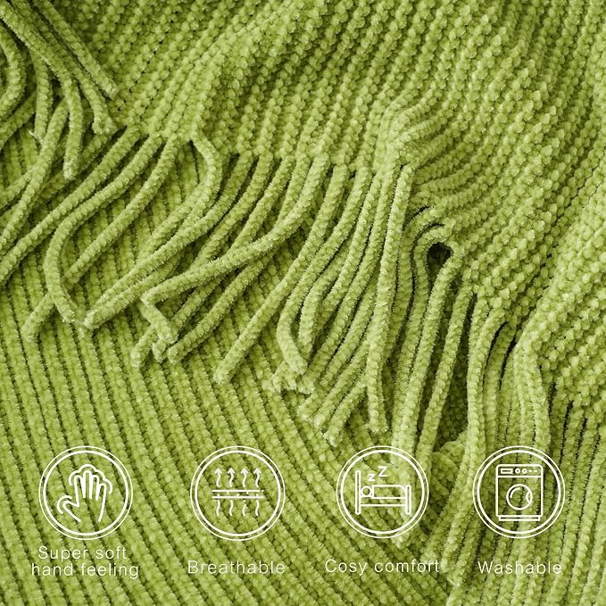 BATTILO HOME Lime Green Throw Blanket for Couch, 50"x60" | Soft Chenille Knit Throw Blanket with Tassels for Home Decor, Spring Green Throws for Couch Cover