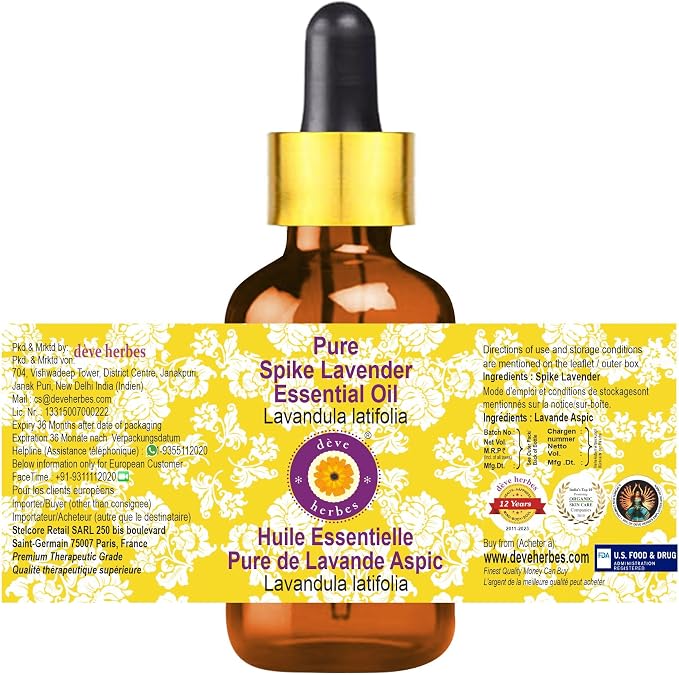 Deve Herbes Pure Spike Lavender Essential Oil (Lavandula latifolia) with Glass Dropper Steam Distilled (Pack of Three) 100ml X 3 (10 oz)