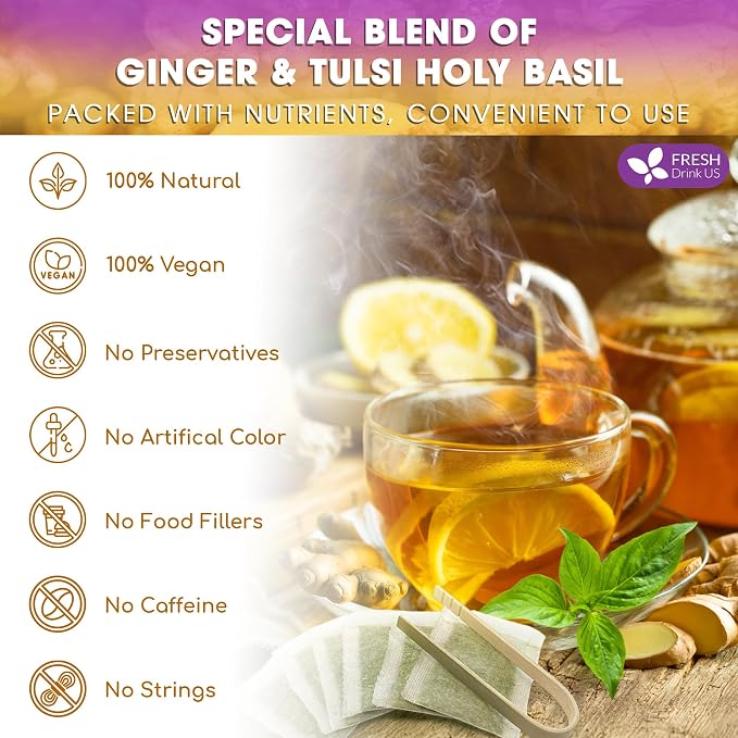FreshDrinkUS, Premium 35 Ginger Tulsi Tea Bags, 100% Natural, Hand-made Blend of Ginger and Tulsi Holy Basil Leaves, Eco-conscious Tea Bags. Herbal Tea. No Sugar, No Caffeine, Vegan.
