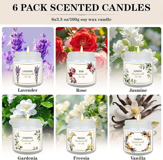 6 Pack Scented Candles for Women – Lavender, Vanilla, Gardenia, Rose, Jasmine, Freesia Floral Scents, 21oz Natural Soy Wax Aromatherapy Candles for Relaxation Stress Relief & Birthday Gifts for Women