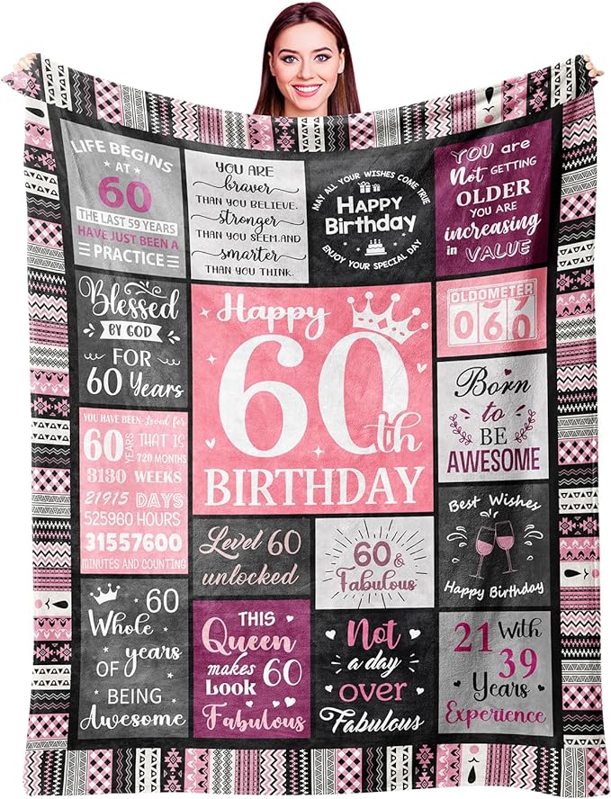 Ivivis 60th Birthday Gifts for Women Throw Blanket 60”X50”, Happy 60th Birthday Decorations Gift Ideas for 60 Year Old Woman, 1966 Bday Gifts for Mom Grandma