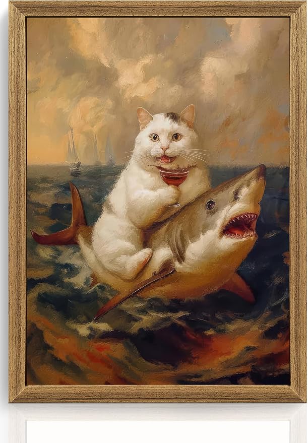 ICHZUMW Framed Funny White Cat Riding Shark Ocean Canvas Wall Art 12x16 In | Quirky Cat Drinking Wine Riding Shark Oil Painting, Humorous Bathroom Wall Decor, Bedroom Restroom Powder Room, Ready to Hang
