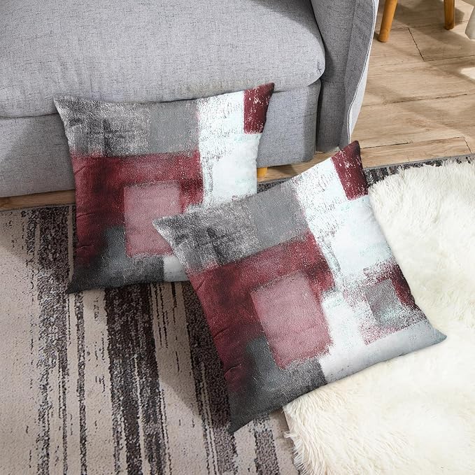 Emvency Throw Pillow Covers Set of 2, 18 x 18 Inch, Abstract Burgundy | Line Retro Outdoor Decorative Square Pillow Cases Couch Cushion Case for Couch Bed Sofa Living Room Home Decor