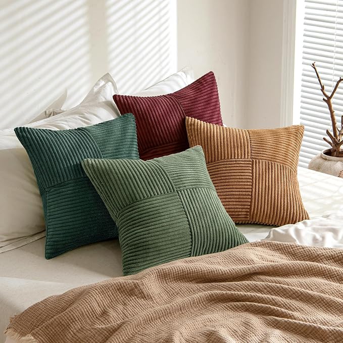 MIULEE Boho Christmas Green Decorative Throw Pillow Covers 20x20 Set of 4 Farmhouse Cushion Covers Color-Clash Corduroy Pillow Cases Modern Soft Corduroy Patchwork Home Decor for Couch Sofa Bedroom