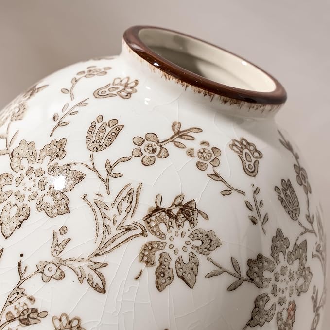 5.83 Inch Vintage Brown Chinoiserie Floral Vase, Antique Rustic Ceramic Vase for Home Decor, Living Room, Bookshelf, Office, Entryway, Garden, Tuscan Decor, Chinoiserie Decor