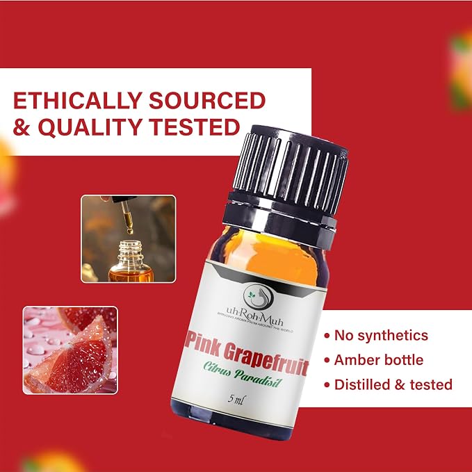 Pink Grapefruit Essential Oil Cold Pressed Citrus Paradisi Peel Oil Fresh Citrus Aroma Top Note Essential Oil for Aromatherapy Diffuser Skincare Haircare and Natural DIY Cosmetic Blends - 5 ml