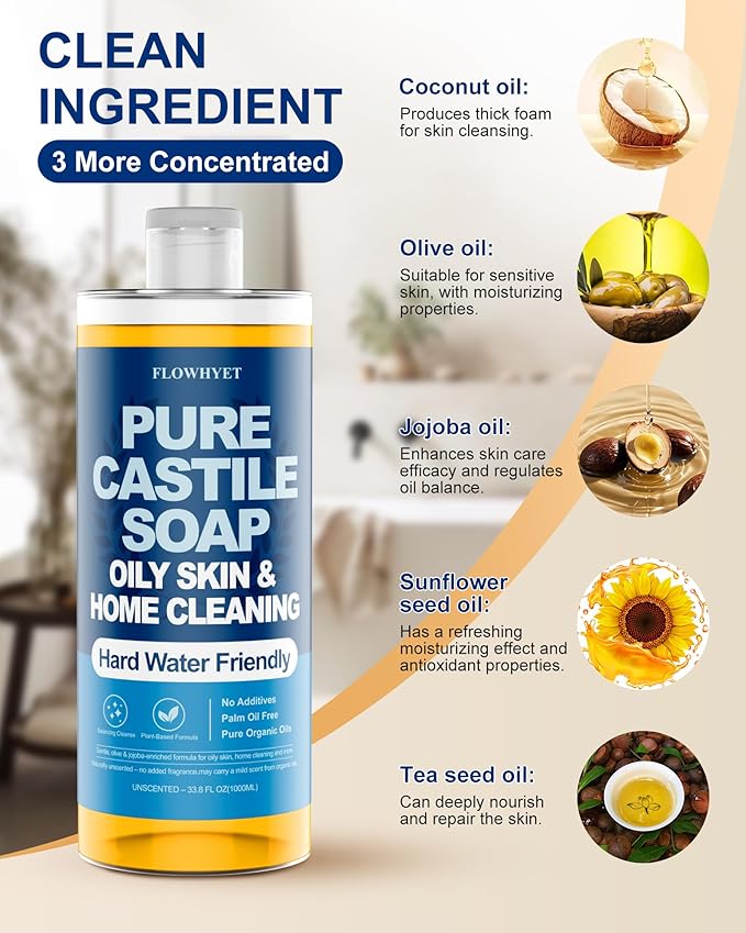 Pure Castile Soap Liquid Unscented 33.8 fl oz, EWG Verified Organic Body Wash，Bath Soap Castile Liquid, Hard Water Friendly for Sensitive & Oily Skin for Body，Face, Hand, Home Cleaner 1L