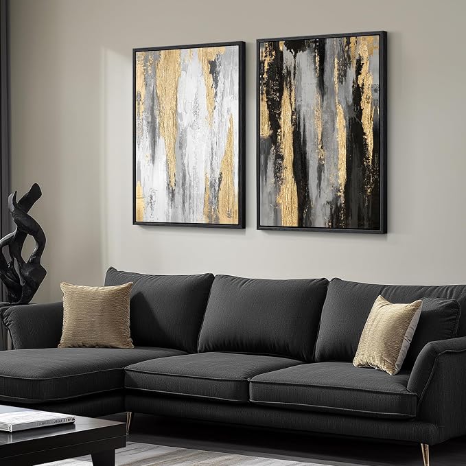 Large Framed Elegant Black White Gold Wall Art for Living Room, 24x36 In | 2 Piece, Large size paintings, Canvas prints, Black gold pictures, Modern minimalist artwork for walls, Bedroom Wall Decor