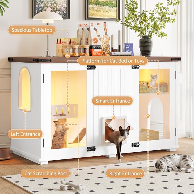 Large Cat Litter Box Enclosure with LED Light, 47.25 Inch Hidden Litter Box Furniture, Cat House with Stairs and Scratching Post, White Cabinet Side Table with Smart Doors