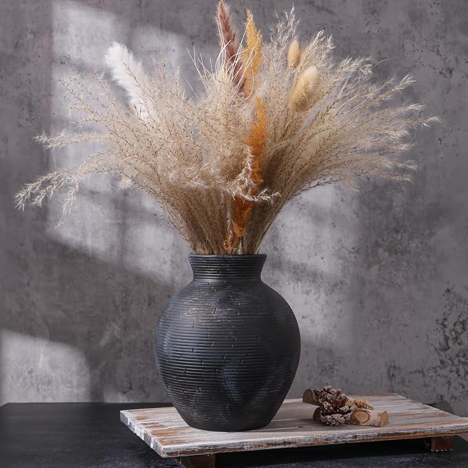 Ceramic Flower Vase Home Decor, 7.4 in Farmhouse Table Vase Retro Vintage Living Room Kitchen Bedroom Decoration Pottery Decorative Vases for Flowers House Shelf Office Desk Dining Entryway, BlackGold