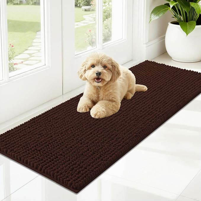 OLANLY Dog Door Mat for Muddy Paws 47x17, Extra Absorbent Chenille Mud Mat | Brown, Absorbs Moisture and Dirt, Non-Slip Machine Washable Doormat, Quick-Drying Indoor Entryway Floor Mat for Dogs