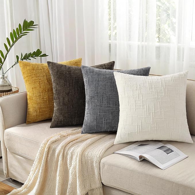 decorUhome Textured Chenille Throw Pillow Covers 20x20 Set of 2 Yellow | Fall Modern Farmhouse Soft Cozy Slubby Couch Pillow Cases Boho Decorative Pillow Cases for Bed Sofa Living Room Home Decor